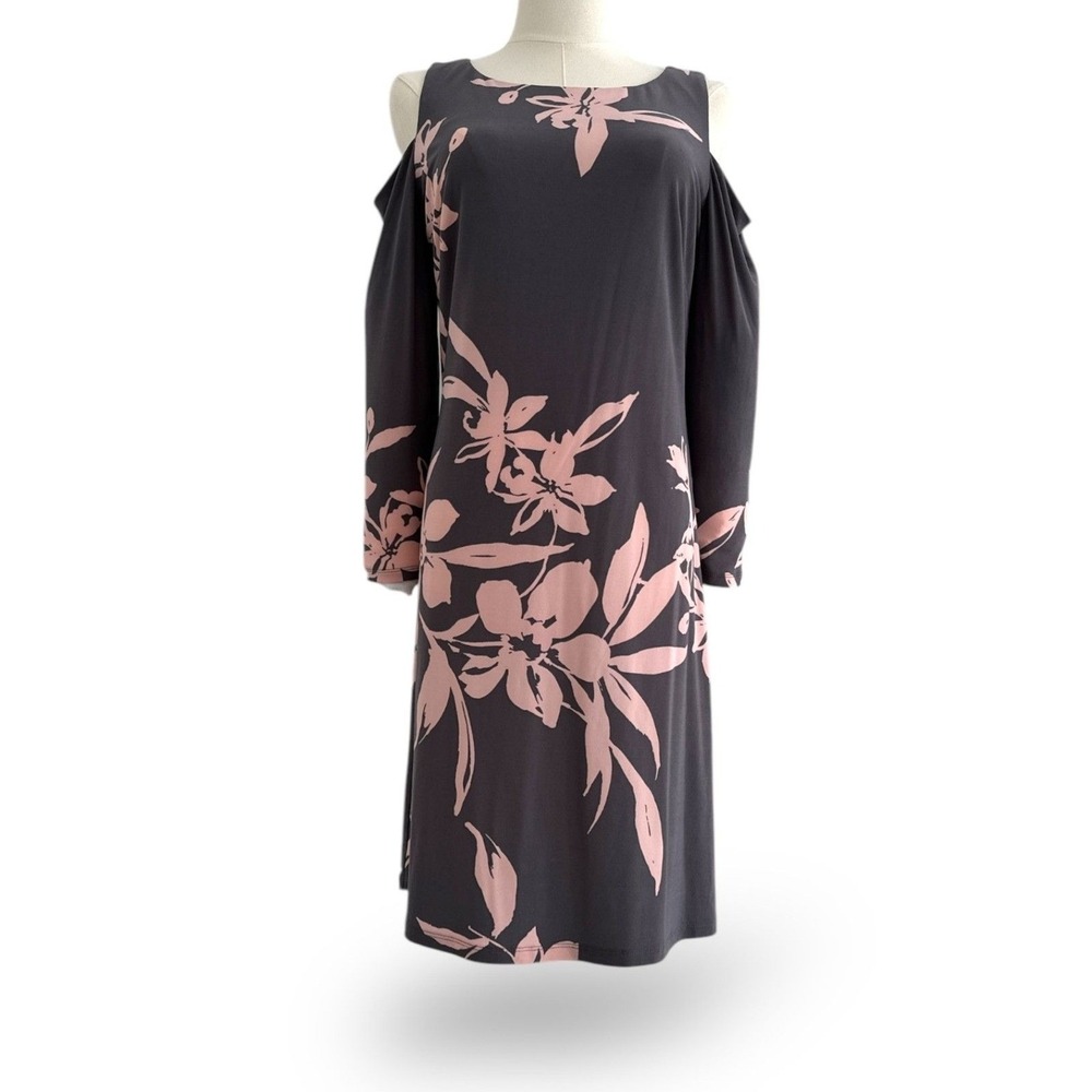 Cold Shoulder Long Sleeve Dress Gray w/ Salmon Pink Floral Graphic Wm Sz 8 EUC